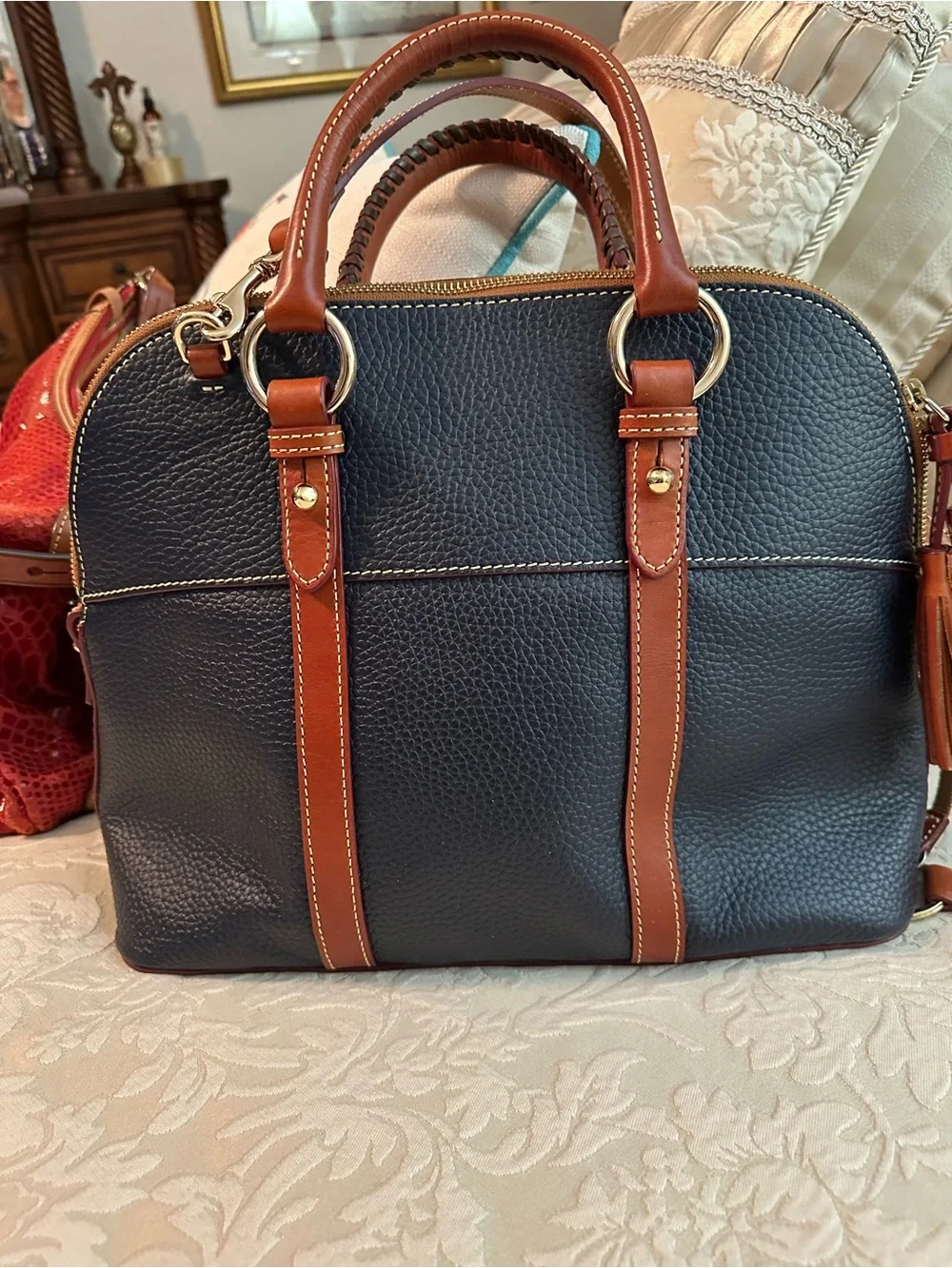 Dooney & Bourke Navy and Brown Pebble Leather Satchel